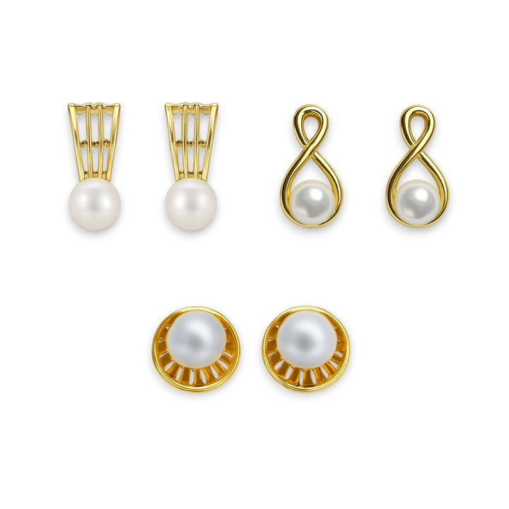Elegant Gold-Plated Pearl Stud Earring Set – 3 Pairs, Modern Designs for Women