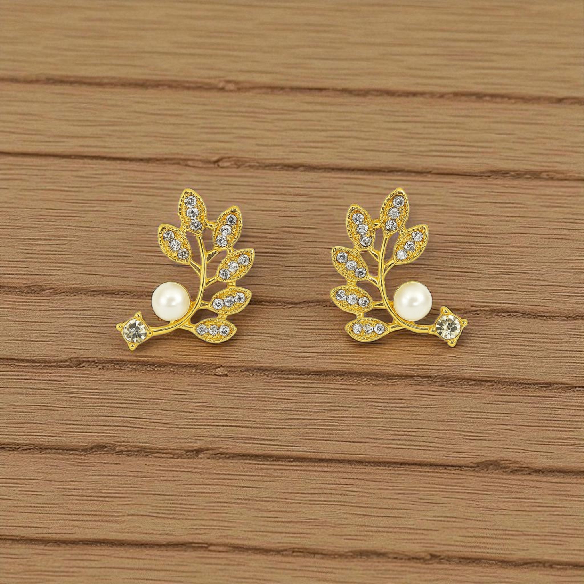 Elegant Gold Leaf Earrings with Pearl & Crystal Accents
