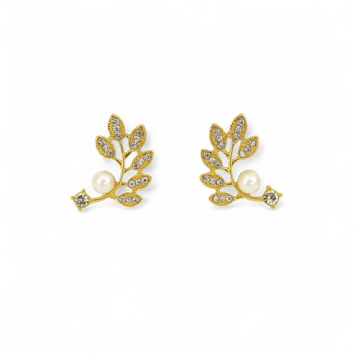 Elegant Gold Leaf Earrings with Pearl & Crystal Accents