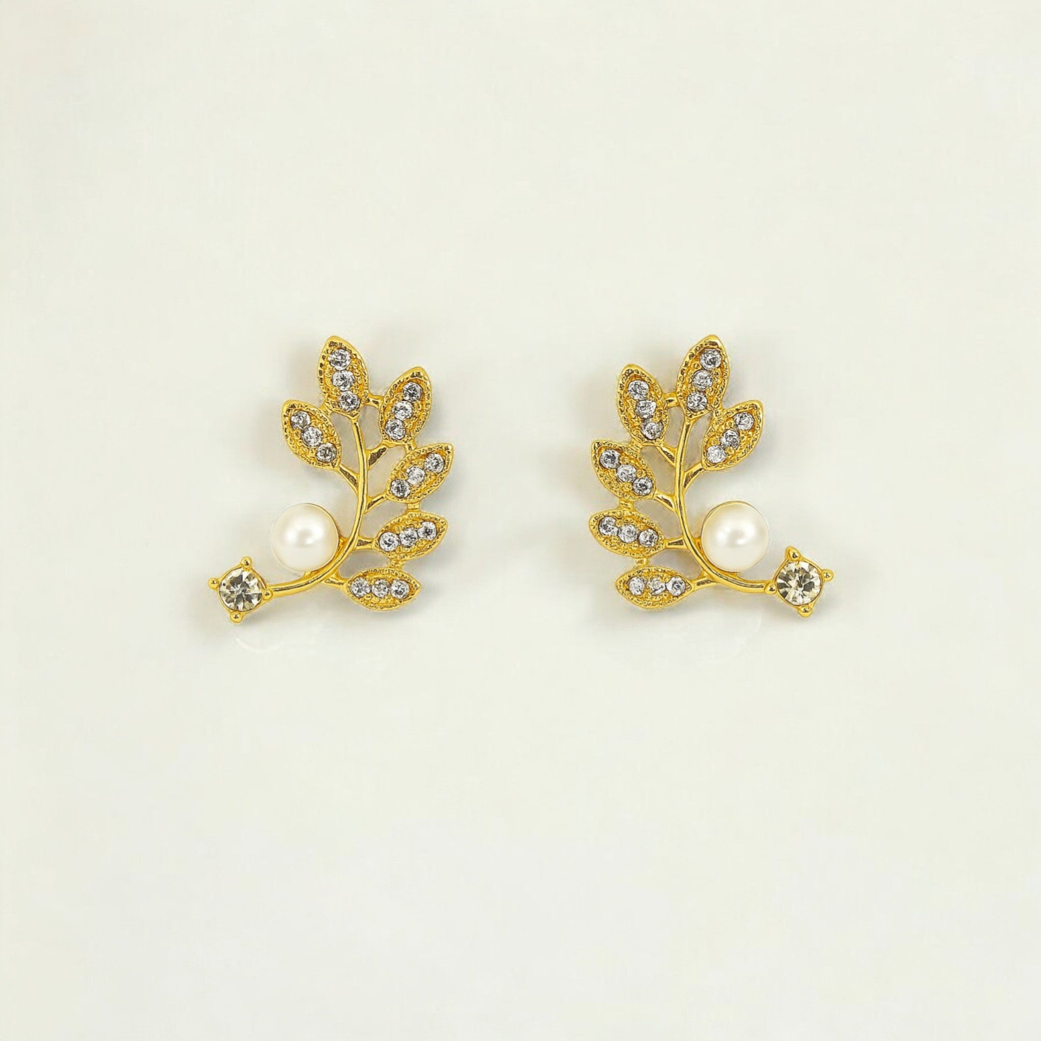 Elegant Gold Leaf Earrings with Pearl & Crystal Accents