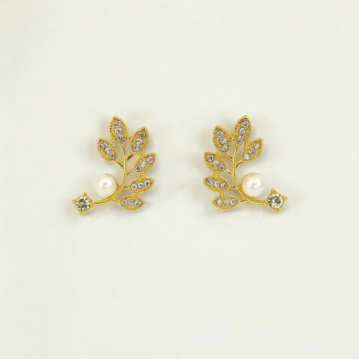 Elegant Gold Leaf Earrings with Pearl & Crystal Accents