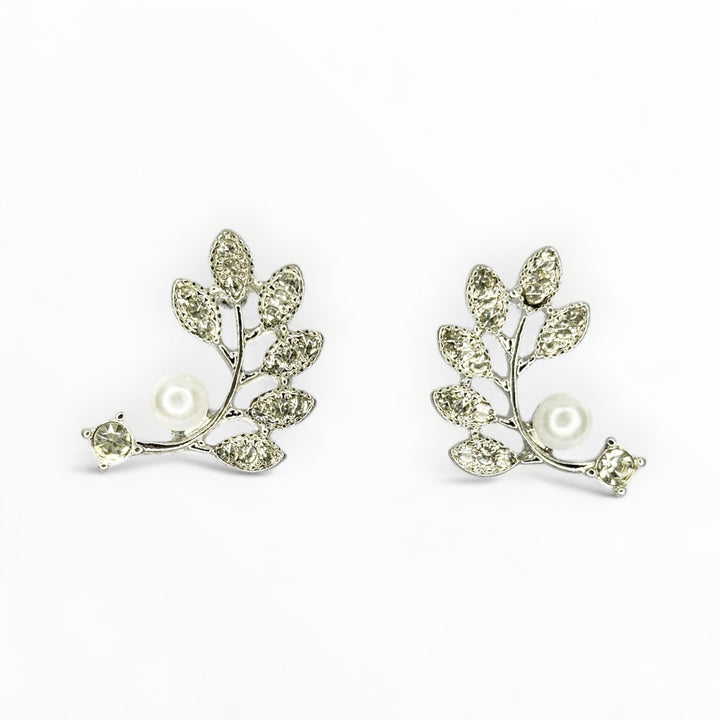 Elegant Gold Leaf Earrings with Pearl & Crystal Accents