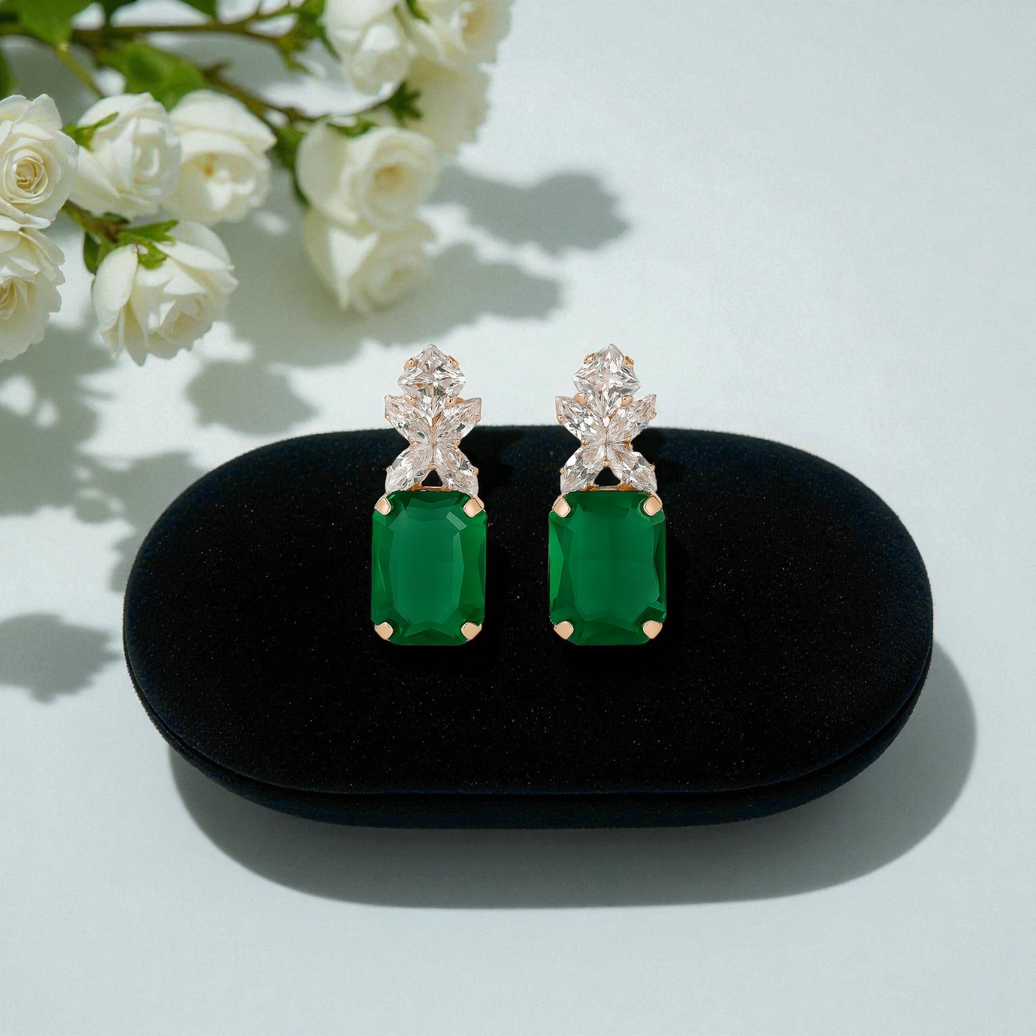 Elegant Emerald Green Stud Earrings with Crystal Detailing