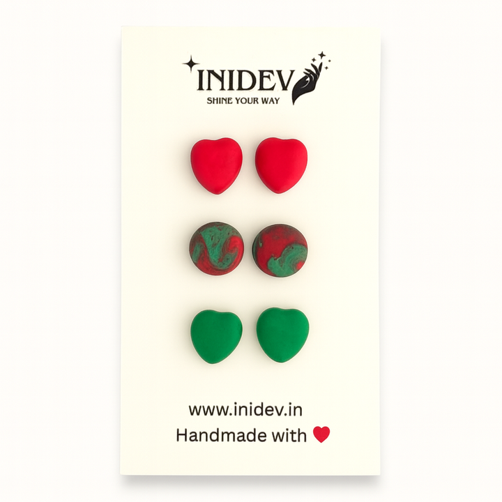 Handmade Polymer Clay Stud Earrings Set – Red, Green & Marble Heart Studs