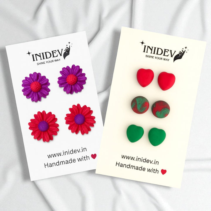 Handmade Polymer Clay Studs Combo Set – 5 Pairs (Floral & Heart Designs)