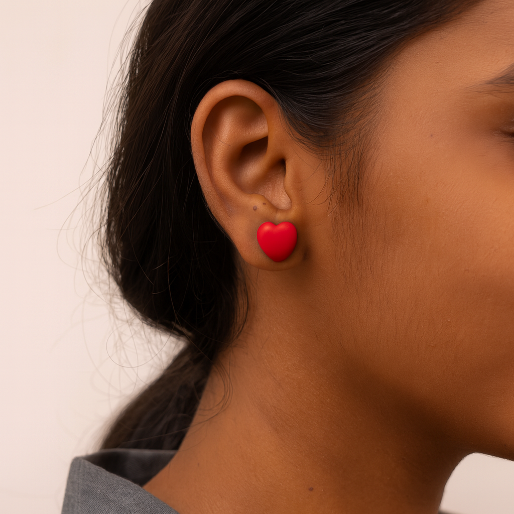 Handmade Polymer Clay Stud Earrings Set – Red, Green & Marble Heart Studs