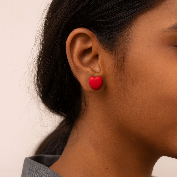 Handmade Polymer Clay Stud Earrings Set – Red, Green & Marble Heart Studs