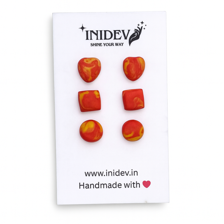 Handmade Red & Yellow Polymer Clay Stud Earrings – Set of 3 Shapes