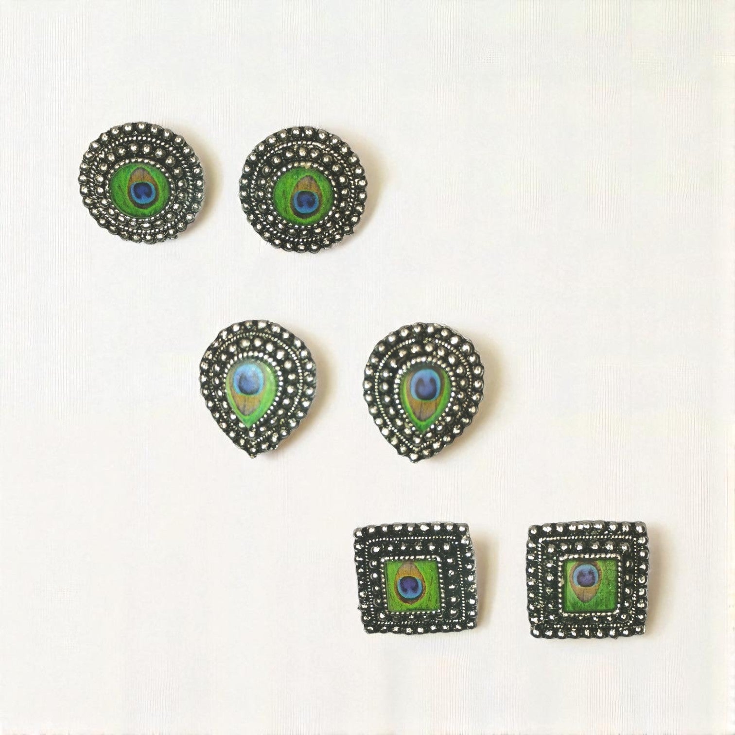 Combo Pack of 3 Oxidised Peacock Feather Stud Earrings – Round, Drop & Square Design