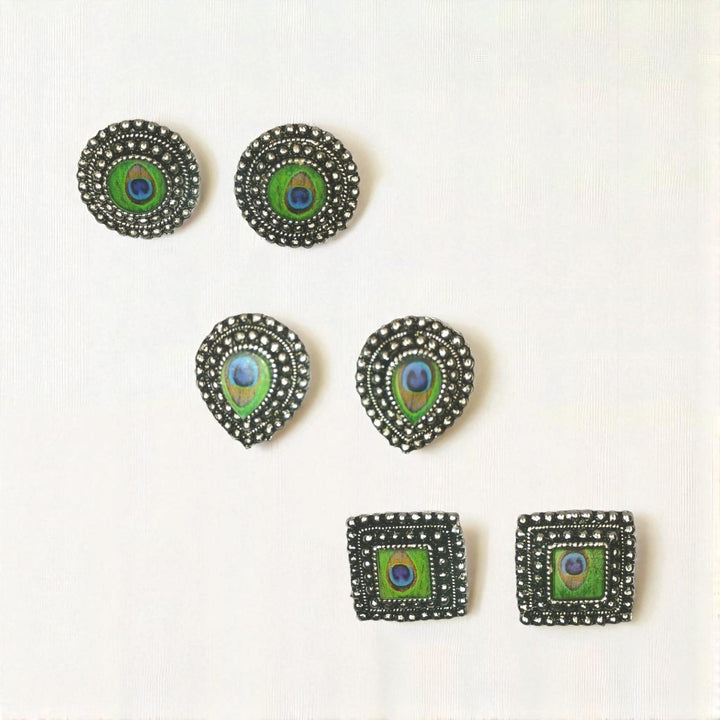 Combo Pack of 3 Oxidised Peacock Feather Stud Earrings – Round, Drop & Square Design
