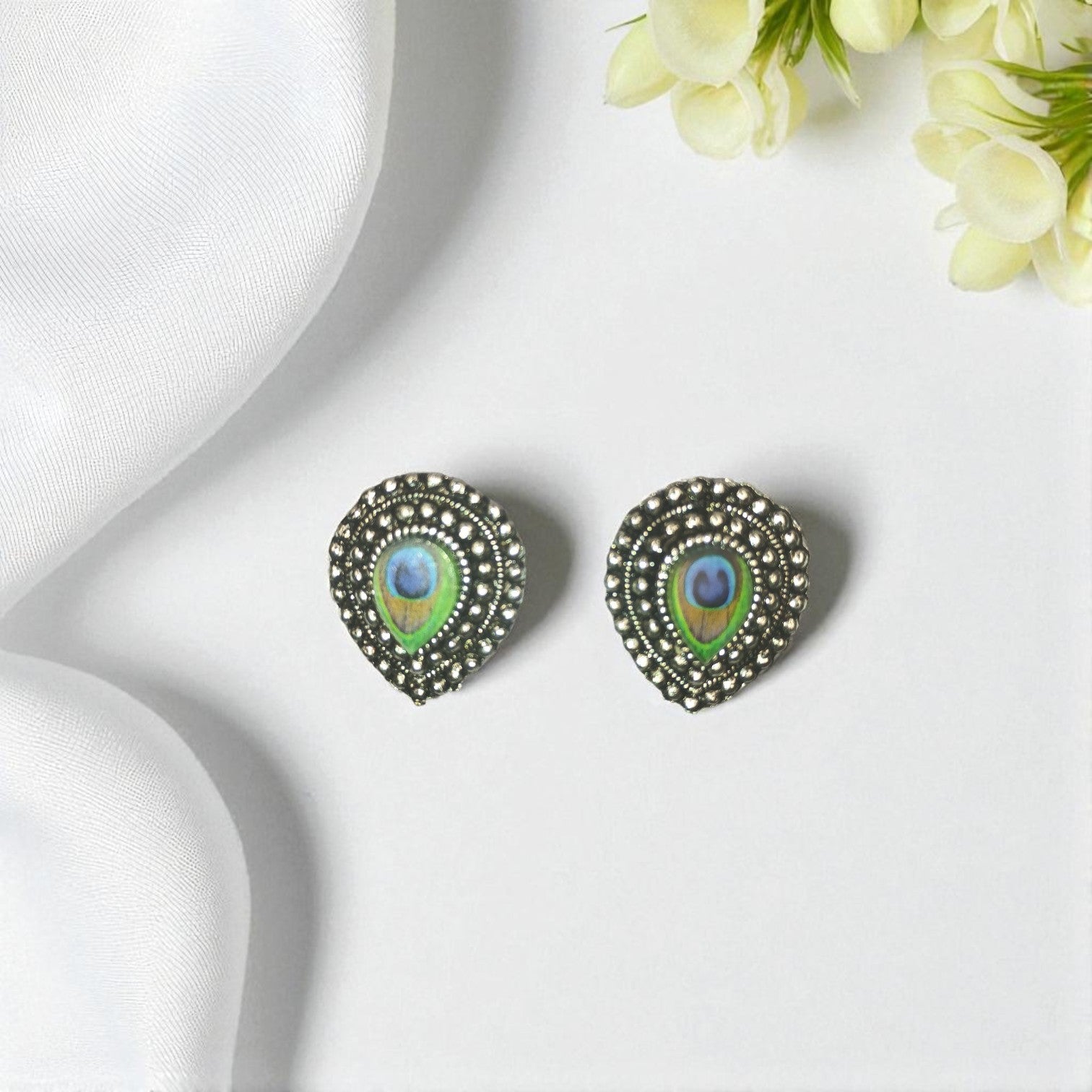 Combo Pack of 3 Oxidised Peacock Feather Stud Earrings – Round, Drop & Square Design