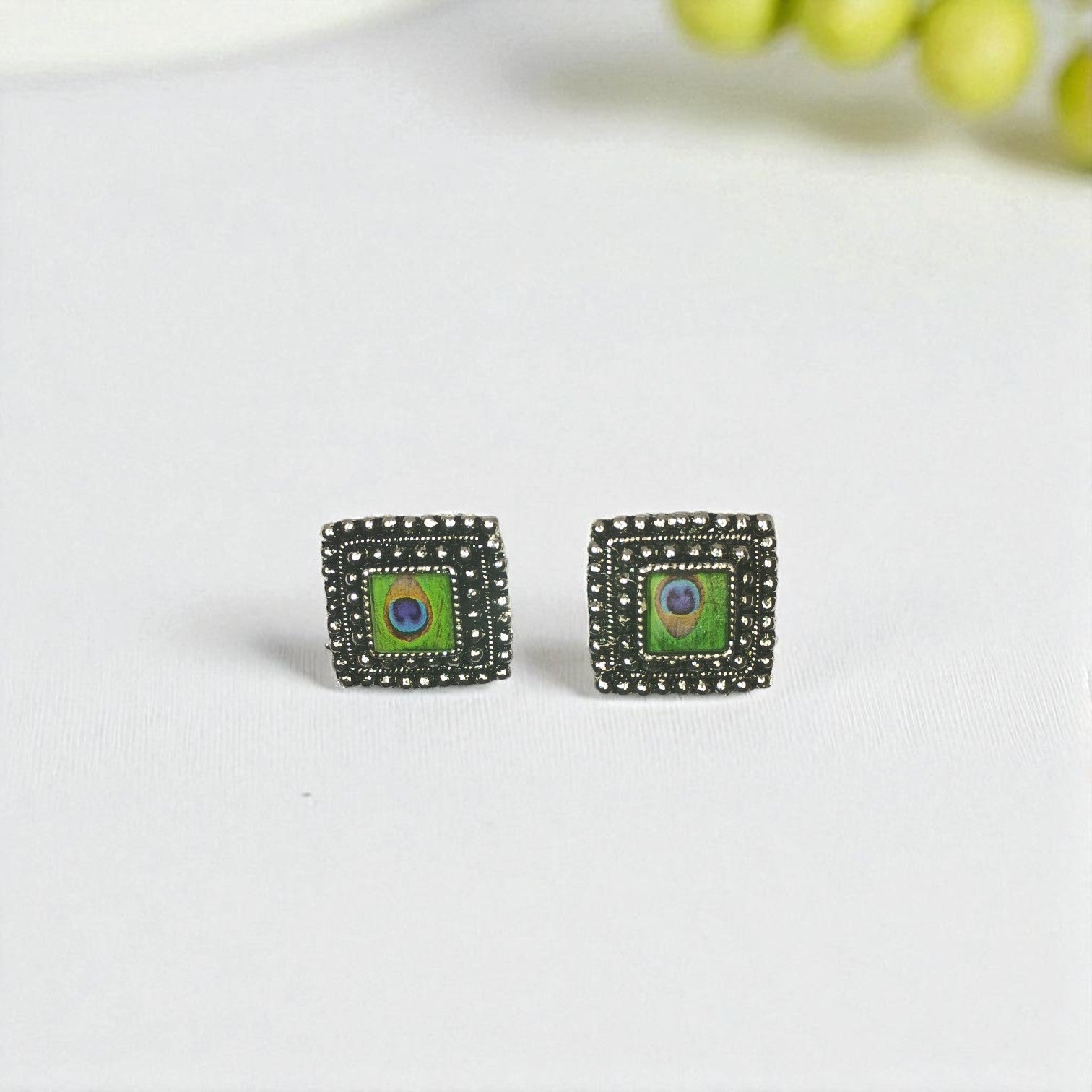 Combo Pack of 3 Oxidised Peacock Feather Stud Earrings – Round, Drop & Square Design