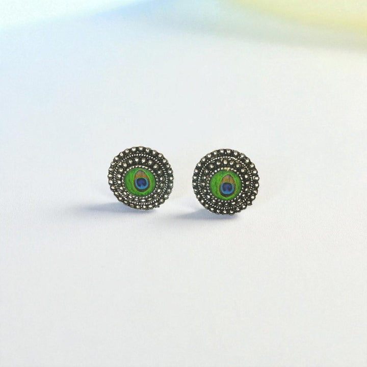 Combo Pack of 3 Oxidised Peacock Feather Stud Earrings – Round, Drop & Square Design