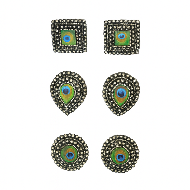 Combo Pack of 3 Oxidised Peacock Feather Stud Earrings – Round, Drop & Square Design