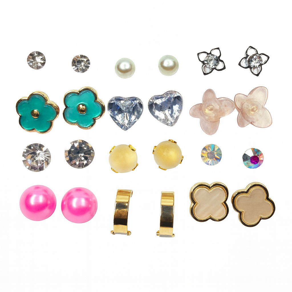 12 Pairs Stylish Stud Earrings Combo Set for Women & Girls
