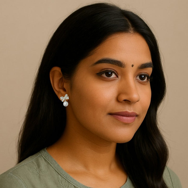 Pearl Drop Earrings with Crystal Bow – Classy & Elegant