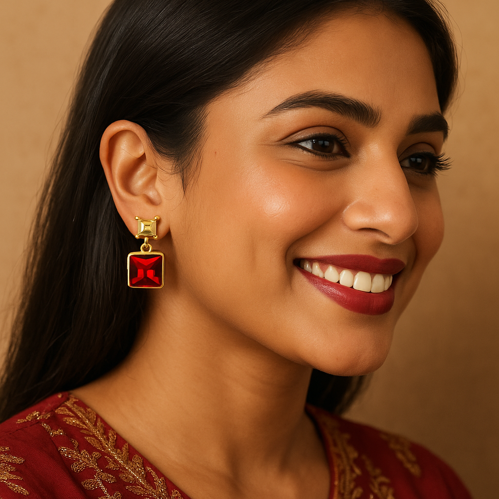 Red & White Square Drop Earrings – Elegant Festive Wear