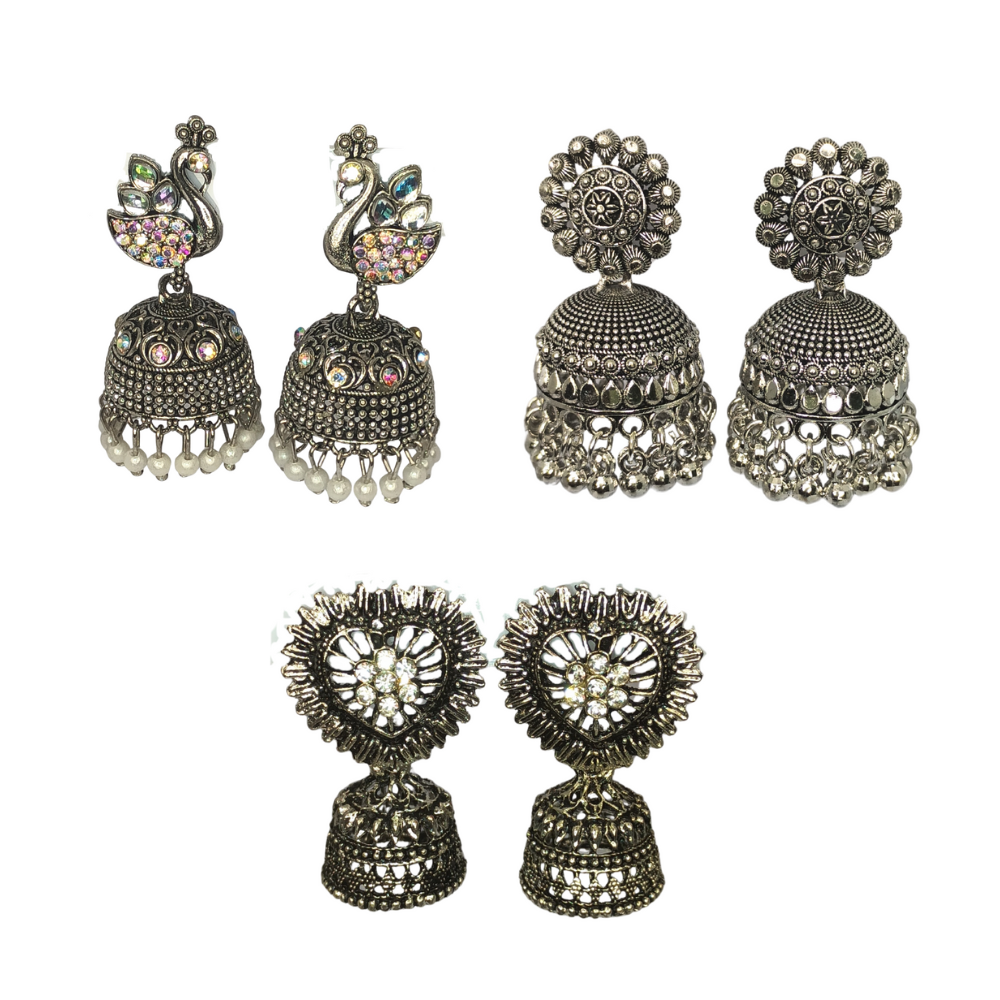 Triple Elegance Jhumka Combo Set – 3 Pairs of Oxidized Tribal‑Chic Earrings