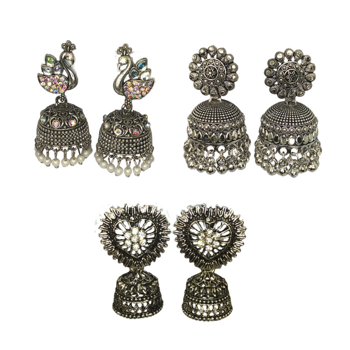 Triple Elegance Jhumka Combo Set – 3 Pairs of Oxidized Tribal‑Chic Earrings