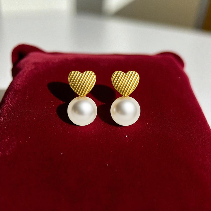 Elegant Gold-Plated Pearl Stud Earrings Set – Heart, Circle, and Designer-Inspired Styles (3 Pairs)