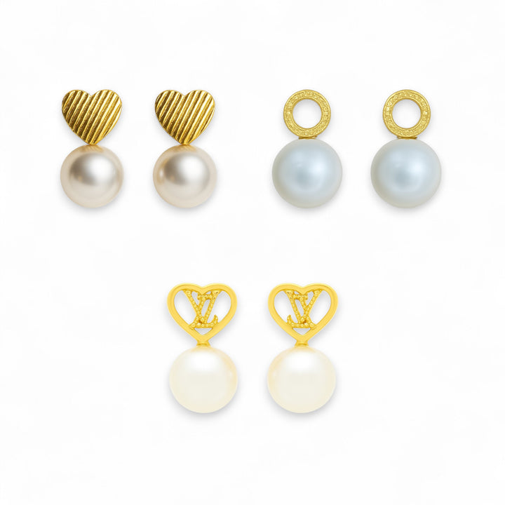 Elegant Gold-Plated Pearl Stud Earrings Set – Heart, Circle, and Designer-Inspired Styles (3 Pairs)