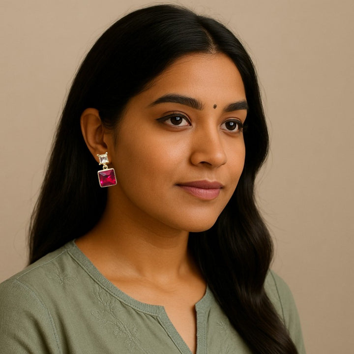 Red & White Square Drop Earrings – Elegant Festive Wear