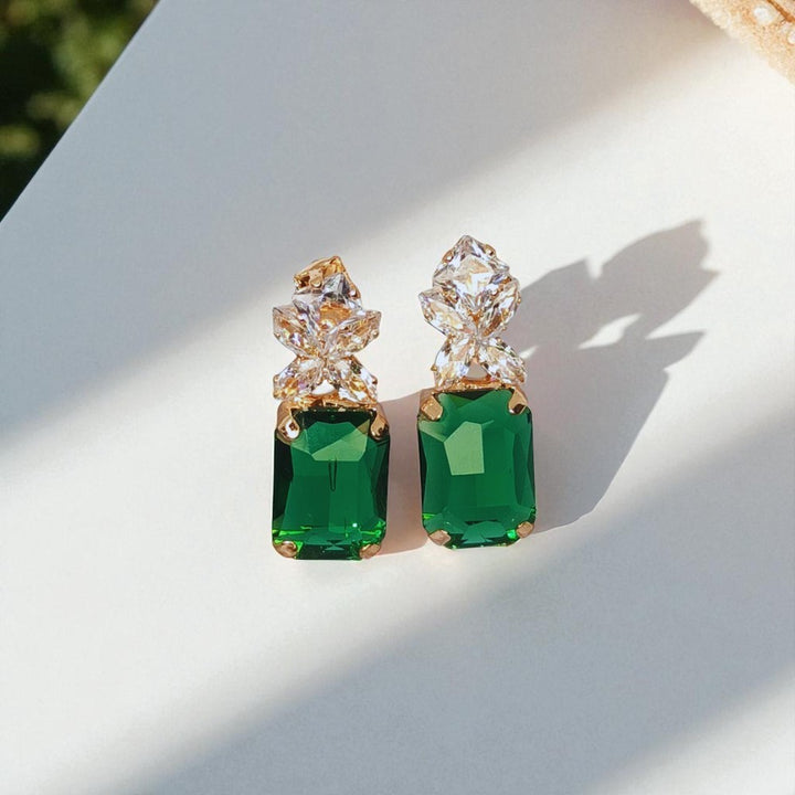 Elegant Emerald Green Stud Earrings with Crystal Detailing