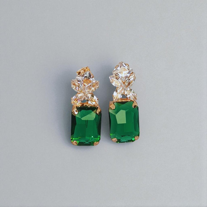 Elegant Emerald Green Stud Earrings with Crystal Detailing