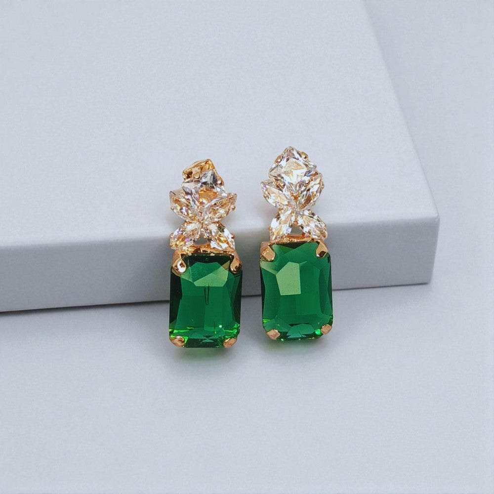 Elegant Emerald Green Stud Earrings with Crystal Detailing